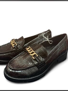 Woman’s Brown Croc-Embossed Leather Loafers with Gold Chain Accent